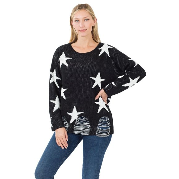 Zenana Outfitters Sweaters - Distressed Star Sweater